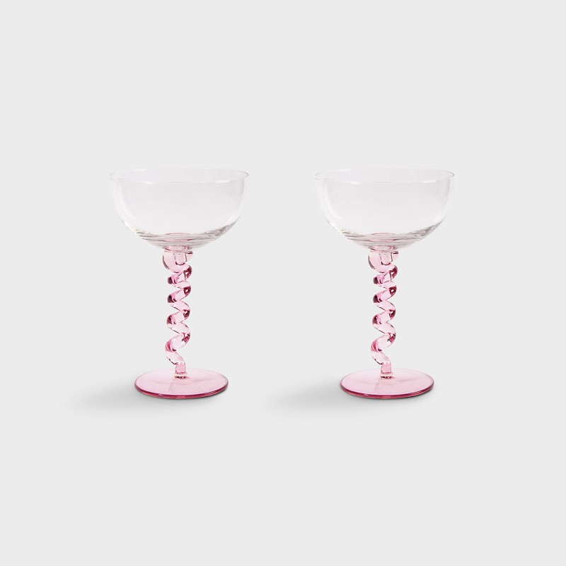 klevering - Set of 2 Pink Flute Curly Glass